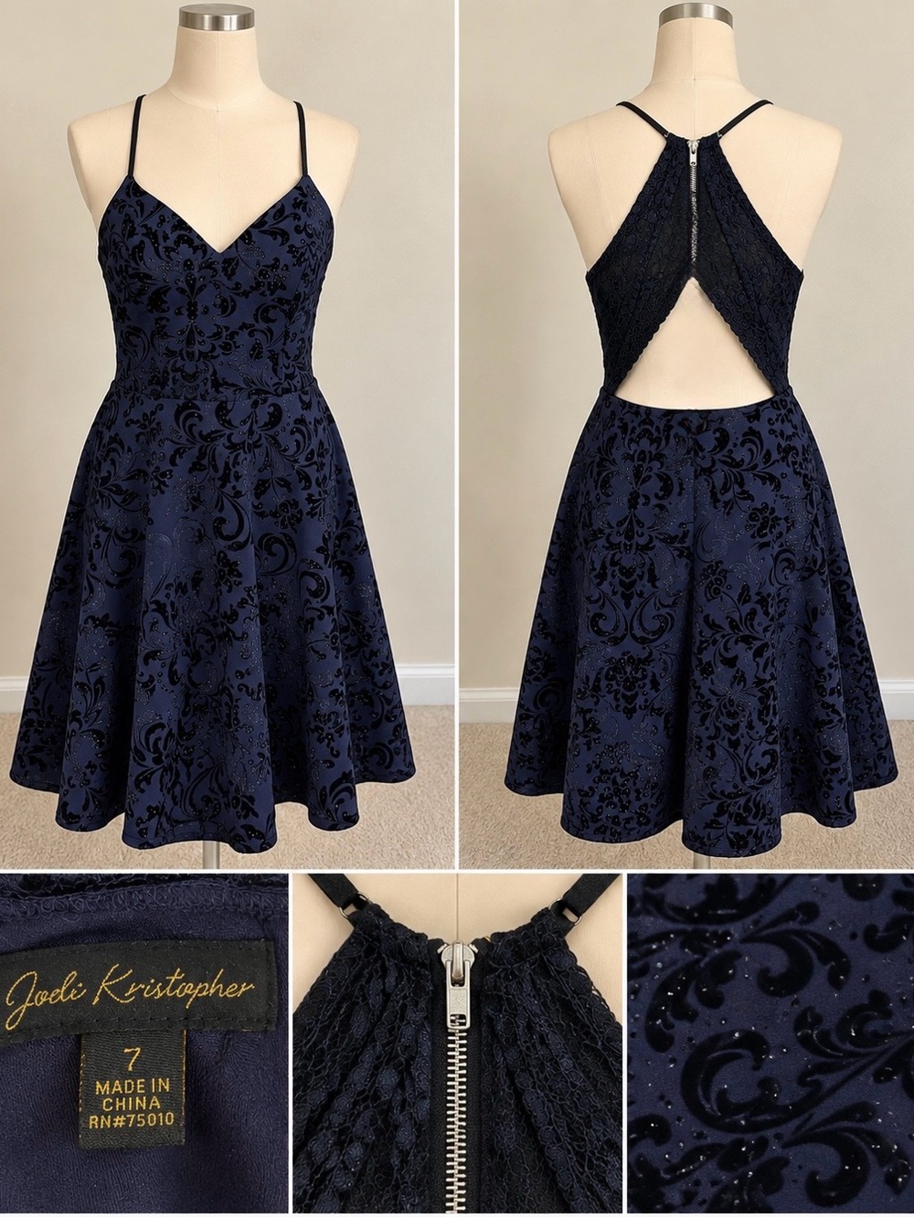 Jodi Kristopher Navy & Black Velvet-Print Backless Fit-and-Flare Dress